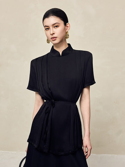 HECO acetate press-pleated cinched waist black white texture t-Shirt - NONE.