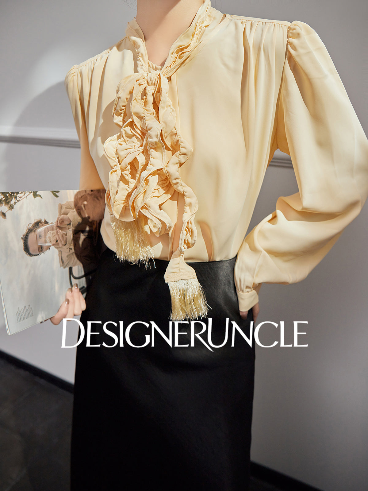 DGU "Euphemism" goose yellow shirt commuter ruffle slimming versatile top - LOVER.