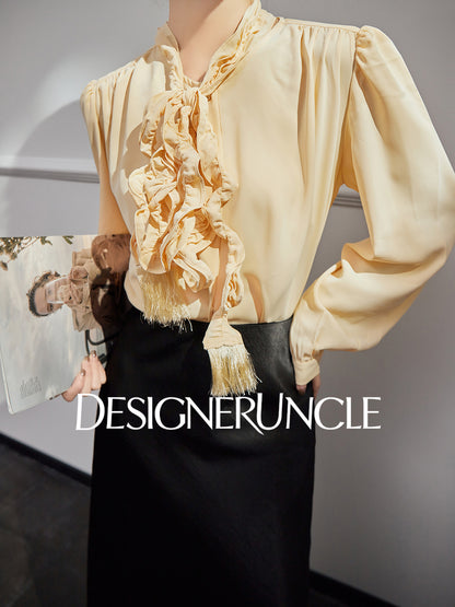 DGU "Euphemism" goose yellow shirt commuter ruffle slimming versatile top - LOVER.