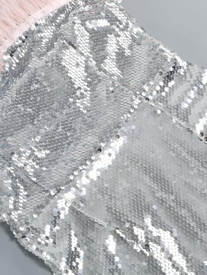 DOLLY Elegant Sliver Off Shoulder Pink Feather Tube Top Midi Dinner Dress-LALYA