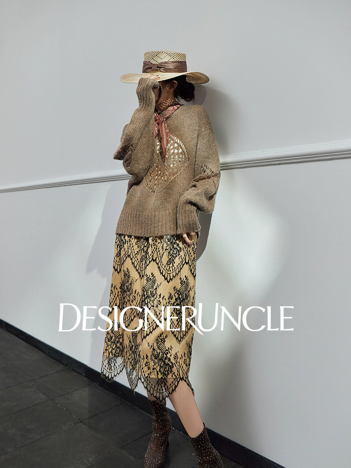 DGU| Light brown light luxury hollow design fashionable comfortable knitwear - Brianna.
