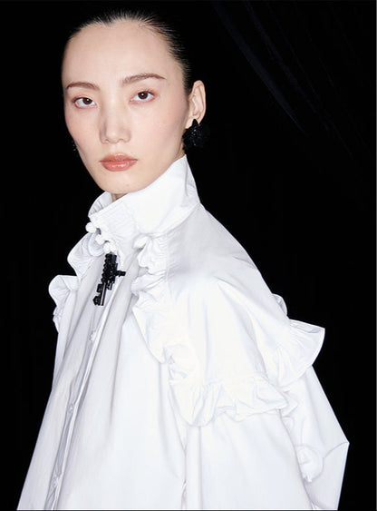 M essential Mackay designer white cotton three-dimensional ruffle trim shirt -  Tori.