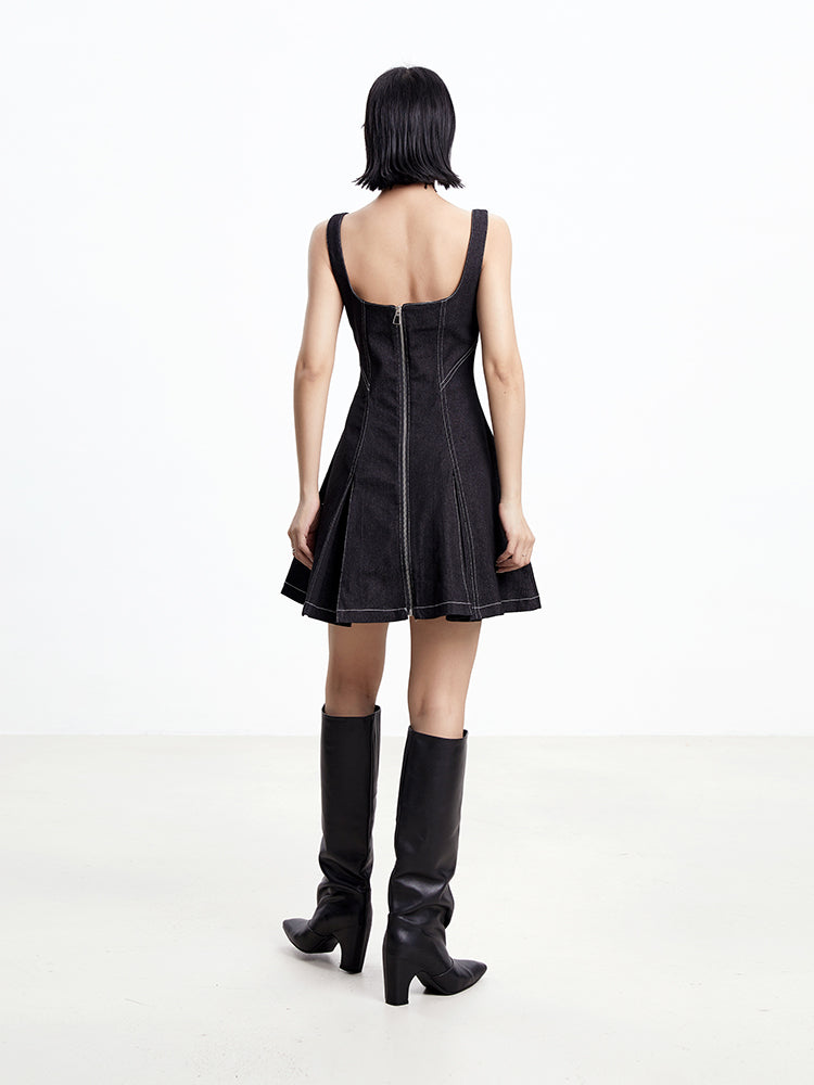 TINY IN topstitched denim women's summer short black dress -DAZE