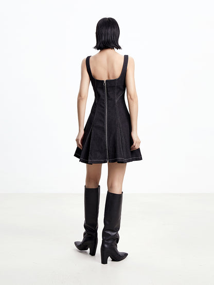 TINY IN topstitched denim women's summer short black dress -DAZE