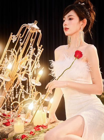 DOLLY White Feather Tube Top Sequin Slim Fit Long Dress-STEPH