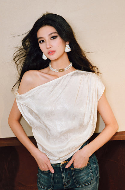 WANGXO Heavy Work Glossy Satin Hand-Pinched Pleats Slanted Shoulders Twisted Top - CERYS
