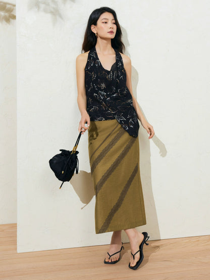 SuShe Elegant Tencel linen lace stitching back slit skirt -SARA
