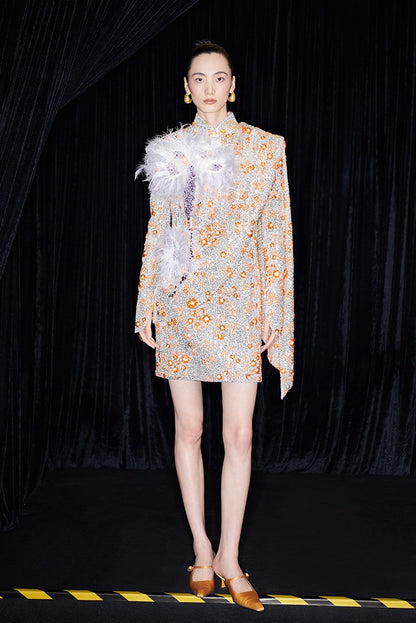 M essential Mackay designer vermilion embroidery iris ostrich feather bead dress - GINA.