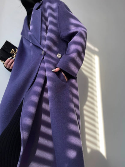 Aconiconi Luxury Purple Lapel Long Sleeve Long Straight Winter Coat- Taro