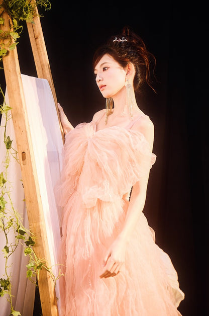 DOLLY Elegant Pink Sleeveless Big Bow Long Pleated Sequin Award Night Dress-CLEO  (V)