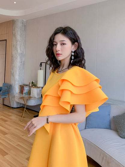 DOLLY Luxury Retro Style Crew Neck One Shoulder Ruffle Sleeves Midi Office Dress-CLAUDI