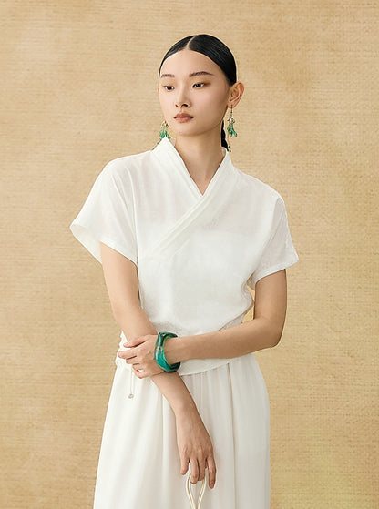 HECO Chinese style summer new slanted V-neck pinch pleated shirt - ASSURE .