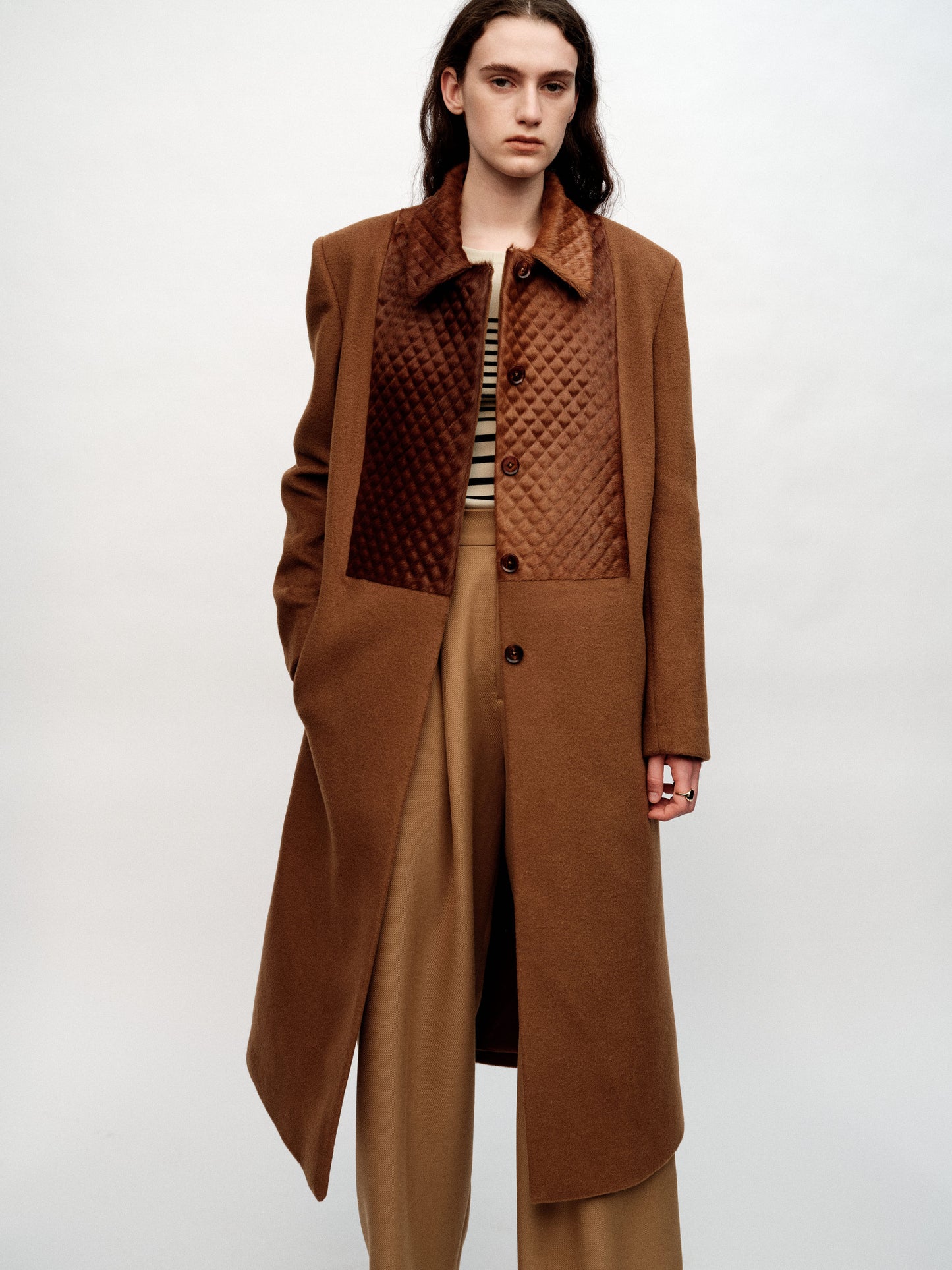 SERRER Coffee-pressed diamond patchwork wool loose classic single-breasted coat - AVA.