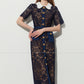 DPLAY Light Luxury Navy Blue Openwork Lace Lapel midi dress - Ebinn