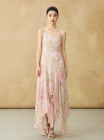 HECO Chinese Style Silk Chiffon Slip Summer Water Ripple Print Long Skirt - PEKKER.