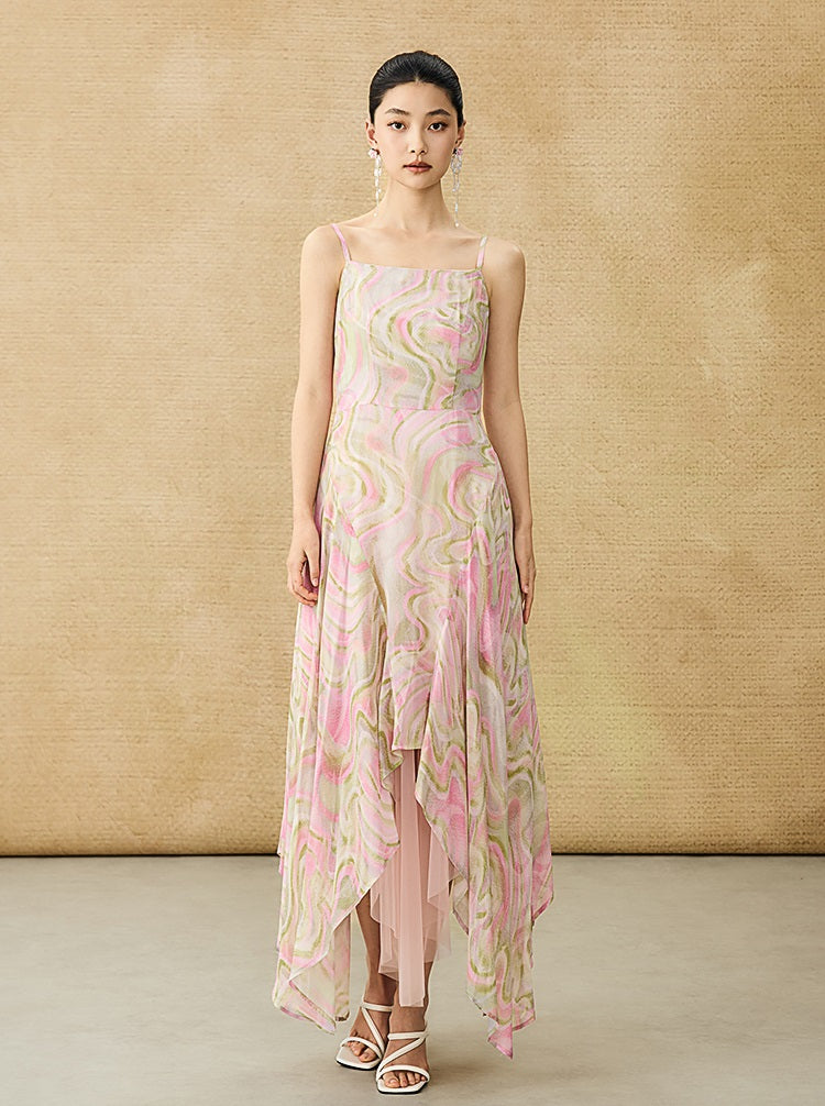 HECO Chinese Style Silk Chiffon Slip Summer Water Ripple Print Long Skirt - PEKKER.