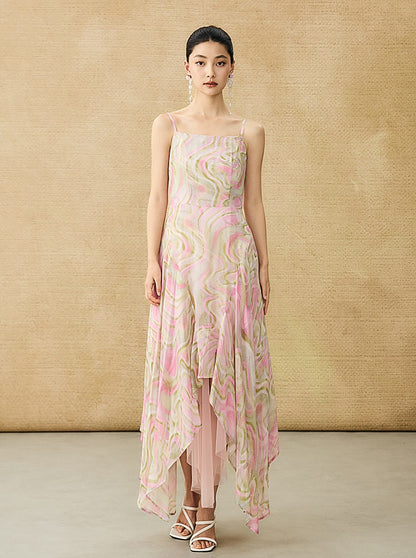 HECO Chinese Style Silk Chiffon Slip Summer Water Ripple Print Long Skirt - PEKKER.