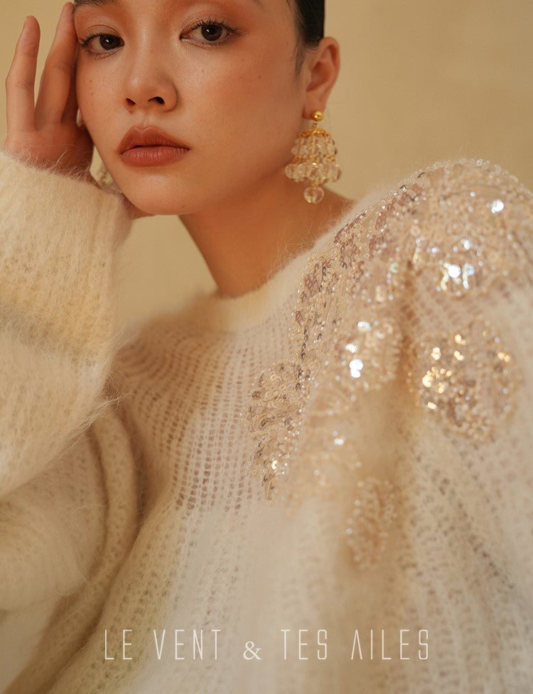 LE VENT&TES AILES high-luxury furry sequin-embroidered alpaca spring sweater-LILY