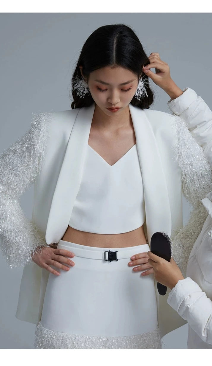 Unique Luxury high-end Womens' tassel sleeve statement white blazer suit sophisticated elegant
