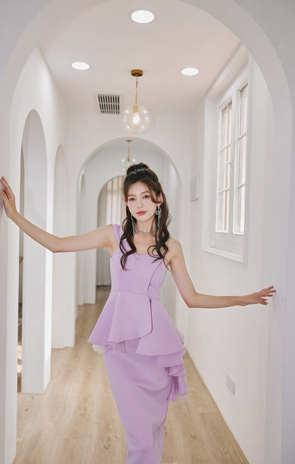 DOLLY High End Ruffled Fake Two Piece French Lace Off Shoulder Midi Office Dress-BRYONY