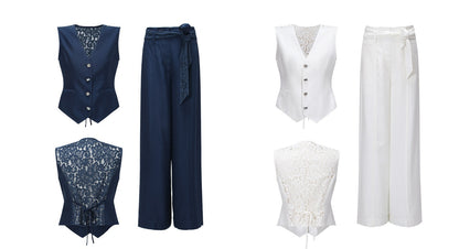 WANGXO |V-Neck Vest & Belted Straight Pants Intellectual Suit Set -NÉRA