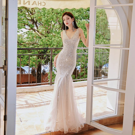 DOLLY Elegant Deep V-Neck Sleeveless Sequin Mesh Long Cocktail Dress-JUSTINA