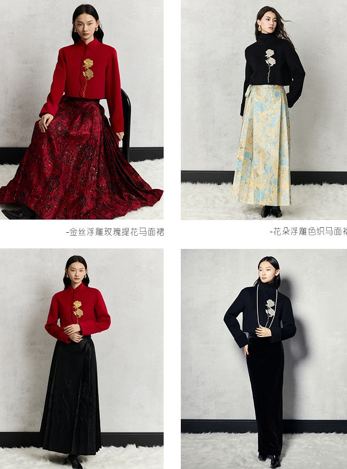 HECO 100% wool Embroidery Red black Short Double-Sided Tweed Jacket Women - out.