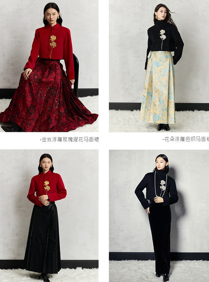 HECO 100% wool Embroidery Red black Short Double-Sided Tweed Jacket Women - out.