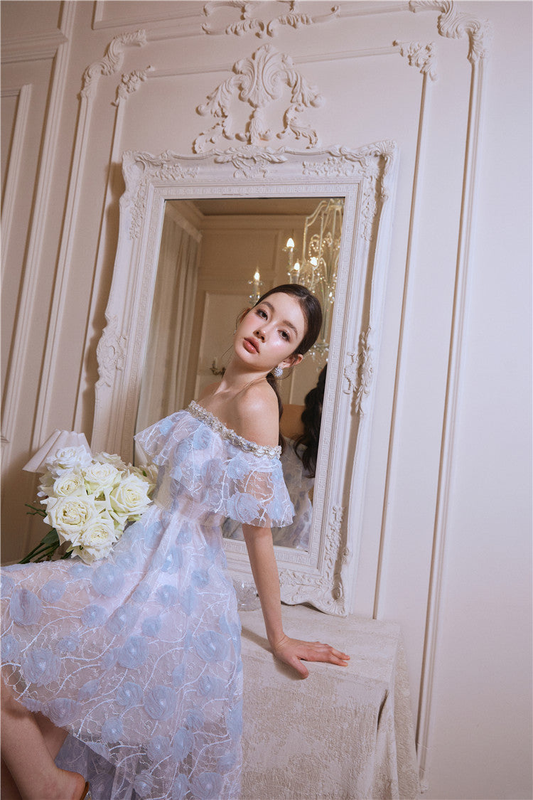 Wardrobes by Chen Luxury Sky Blue Off Shoulder Flower Wedding Dress-Athena