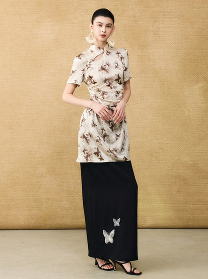 HECO Chinese butterfly bead embroidered slimming straight skirt - POLY.