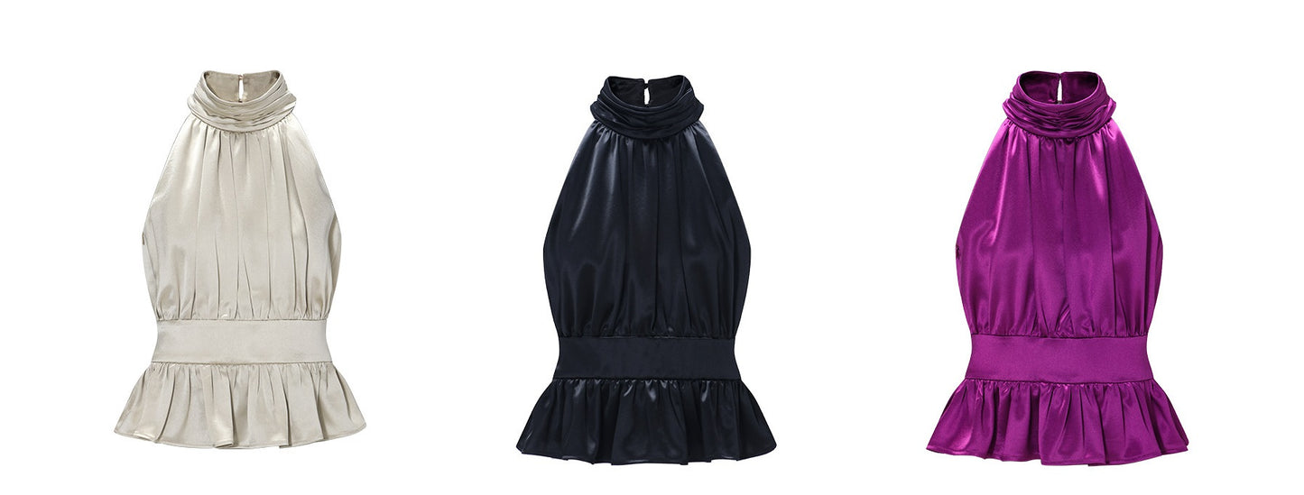 WANGXO Acetate Satin Silky Smooth Collar Cut-Out Aesthetics Shirred Waist Umbrella Top - VIOLA