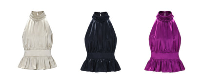 WANGXO Acetate Satin Silky Smooth Collar Cut-Out Aesthetics Shirred Waist Umbrella Top - VIOLA
