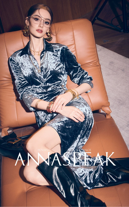 ANNASPEAK  modern elegant ice flower stretch gold diamond velvet dress-MAKS.