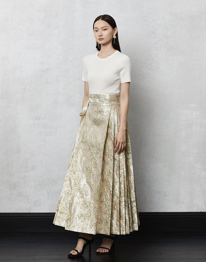 HECO high waist pleat blue purple green jacquard Embossed Skirt Women - king.