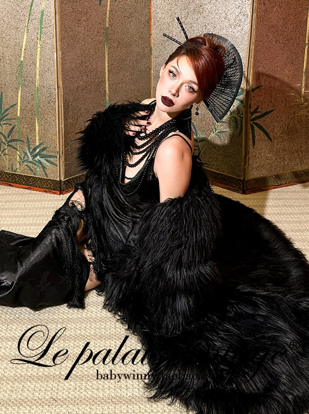 Le Palais Vintage High End sleeveless stain wrapped shirt tassel  sexy long black dress-Alora