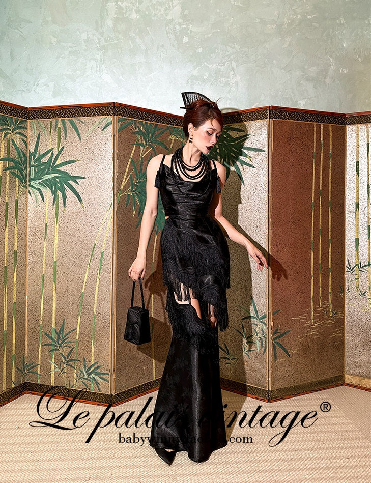 Le Palais Vintage High End sleeveless stain wrapped shirt tassel  sexy long black dress-Alora