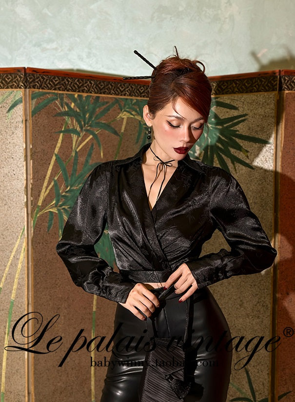 Le Palais Vintage High End sleeveless stain wrapped shirt tassel  sexy long black dress-Alora