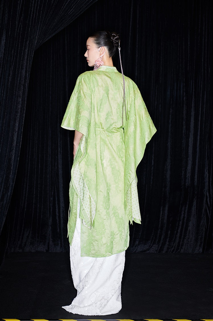 M essential Mackay designer green embroidered fabric magnolia beaded cardigan robe - RUTH.