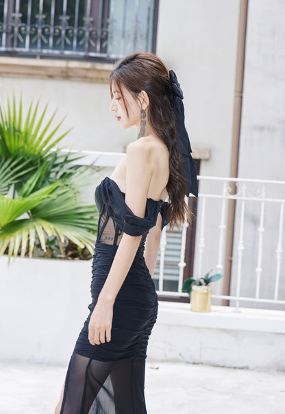 DOLLY Elegant Black Off Shoulder Short Sleeve Hollow Waist Mesh Long Dress-ALETTE