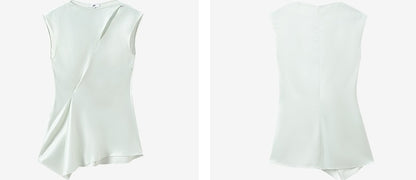 COMME MOI Oblique Shoulder Cutout Acetate Cap Sleeve Green Shirt - SUN.