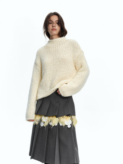 SERRER Ivory alpaca coarse stick needle hand-knitted long sleeved sweater - JULIAN.