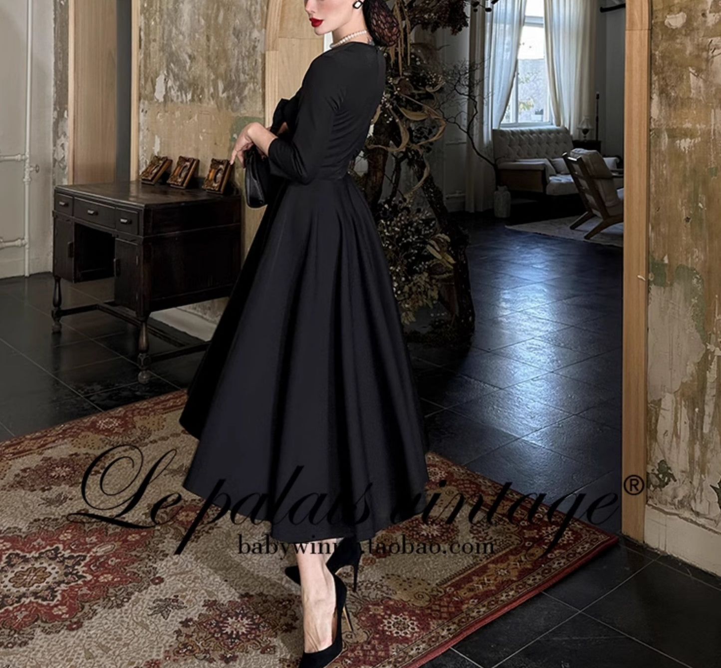 Le Palais Vintage Elegant Retro Long Sleeves Plain Mid Skirt Black  Long Cocktail Hem Dress-Aurora