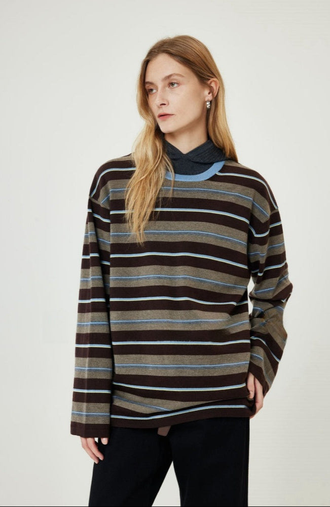 PIAOIN stripe design neutral loose long sleeve T-shirt silk wool knitwear spring-CIX