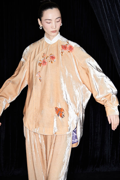 M essential Marquette Rulang velvet dahlia Thai lion goldfish studded bead shirt - BAO.