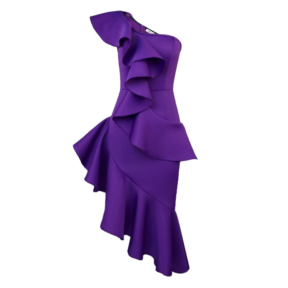 DOLLY Elegant Retro Style Deep Purple Ruffled Off Shoulder Midi Dress-PINKY