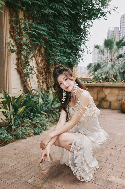 DOLLY Elegant French Style Cream Ruffled Lace Fake Two Piece Midi Dinner Dress-KAKA