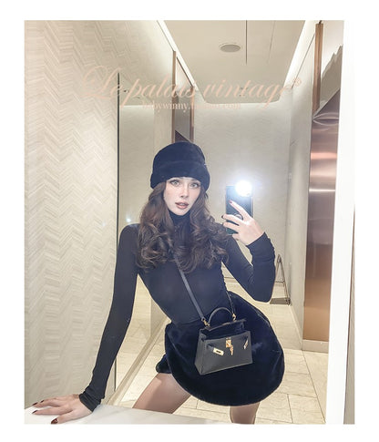 Le Palais Vintage Black Long Sleeves Short Faux Fur Coat and Dinner Skirt Suit-Selena.