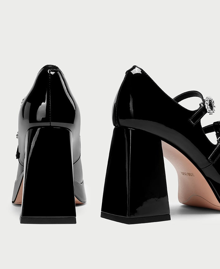 pjjuu black platform soled chunky square heel double strap mary jane heel - TARA
