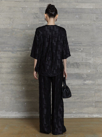 HECO jacquard loose thin wide-leg high waisted black pink apricot PANTS women - PURPOSE.