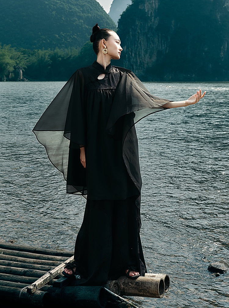 HECO [Feng Wu Clear Sleeves] New Chinese Standing Collar Buckle Flowing Dress- CLOAK.
